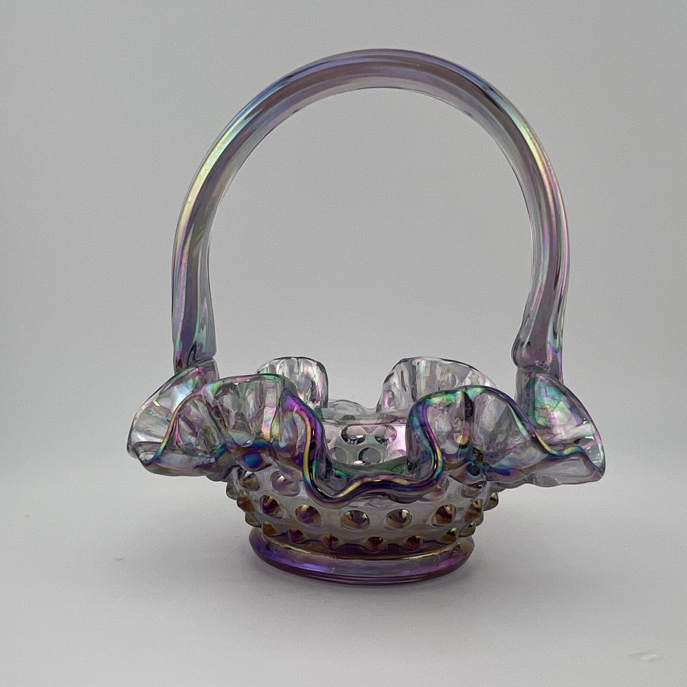 Fenton Purple Iridescent Hobnail Glass Basket Ruffled Edge Handle Decor